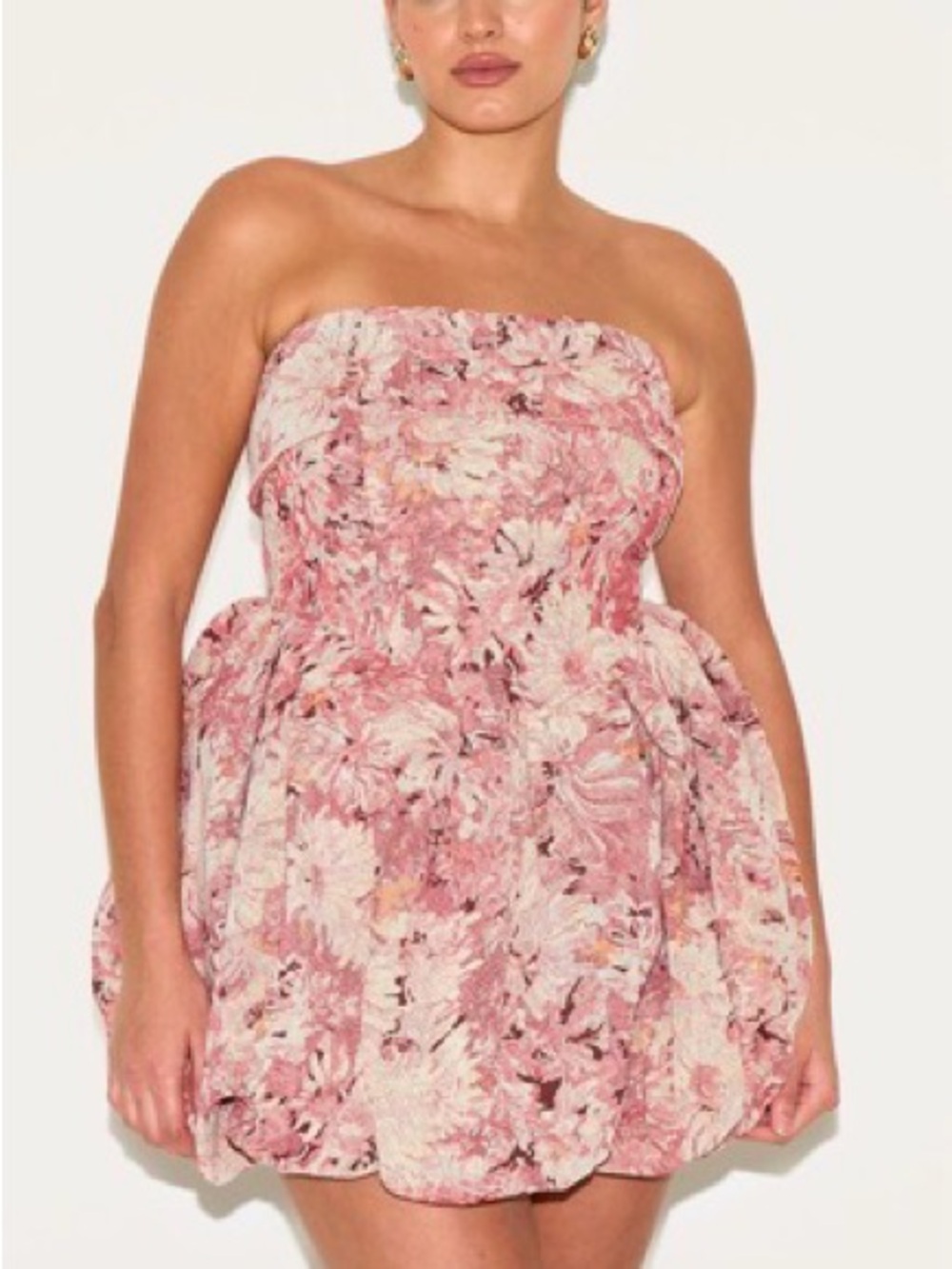 PrettyLittleThing Pink Floral Jacquard Strapless Mini Dress